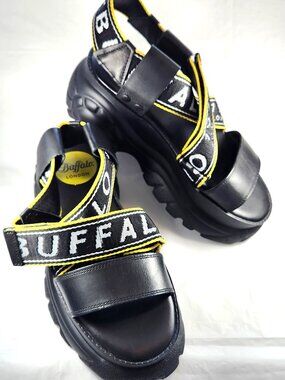 NEW BUFFALO LONDON 1979 BLACK NYLON PLATFORM SANDALS SIZE 6.5 US | 37 EU
